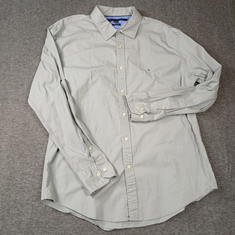 Tommy Hilfiger Men XL Custom Fit Button Down Shirt Khaki Tan Stretch Long Sleeve